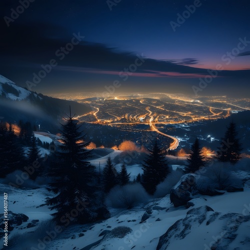 Twilight view from Uludağ mountain overlooking the glowing city of Bursa. A peaceful mountain foreground contrasts the vibrant urban lights in a stunning harmony of nature and civilization.