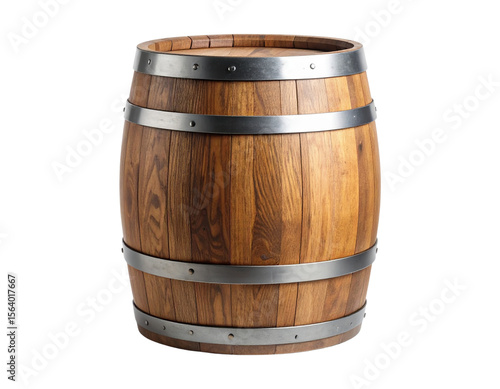 Vintage Wooden Barrel Standing Upright with Metal Hoops – Isolated on White Background