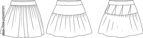 Gathered mini skirts technical sketch set – flat vector fashion drawings of flared short skirts for women’s clothing and apparel design