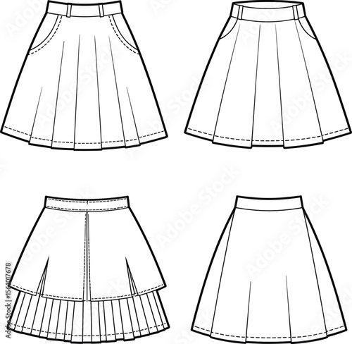 Pleated mini skirts flat fashion sketch set – vector technical drawings of short skirts for women’s clothing and apparel design
