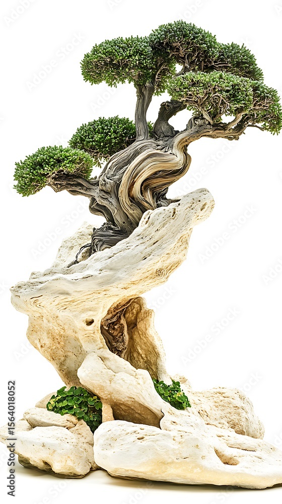 Fototapeta premium Artistic bonsai tree crafted on white rocks showcasing the beauty of japanese miniature gardening