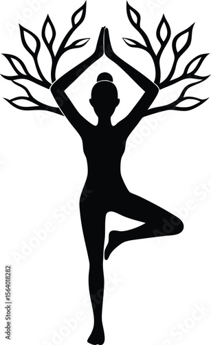 silhouette of a woman in tree pose with tree branches