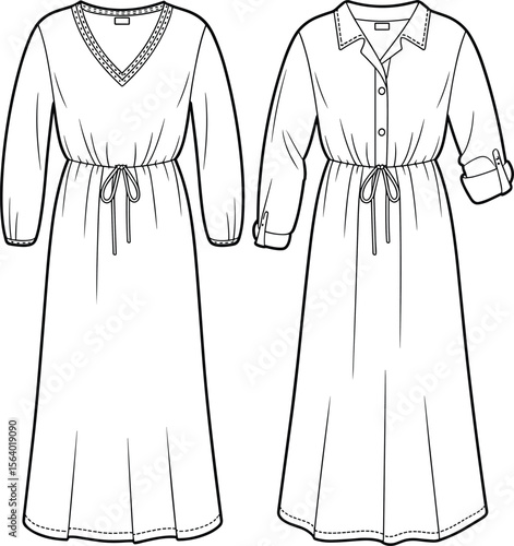 Stylish women’s long-sleeve midi dresses with drawstring waist – V-neck and shirt collar design variations for casual elegance