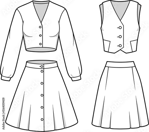 Women's skirt sets with crop tops and button vests – fashion flat sketches for modern outfits and stylish coordination looks