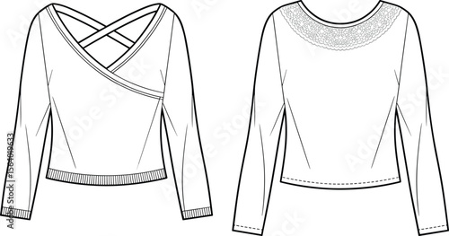 Women’s long sleeve blouses with crisscross wrap front and lace back yoke – technical flat fashion sketch