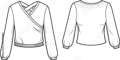 Women’s blouses with crisscross wrap and lace yoke – long sleeve fashion tops flat sketch front and back views