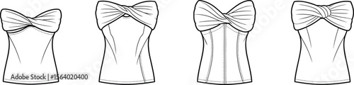 Strapless twist-front tops flat sketch – women’s fashion CAD template for technical design, garment illustration, and fashion flats