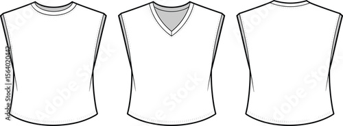 Sleeveless women’s tops flat sketch – crew neck and V-neck tank fashion technical drawing for CAD apparel design