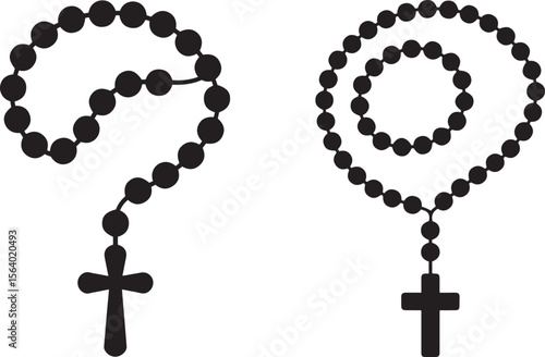 Black silhouette vector rosary beads with cross symbol for prayer and faith