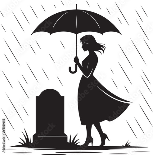 Black and whit silhouette of a grieving woman with umbrella at a gravestone in the rain