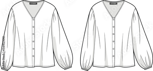 Women’s blouse flat sketch – V-neck button-front top with long balloon sleeves and darts, fashion technical drawing