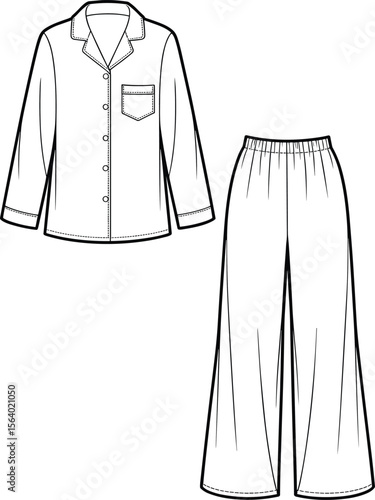 Women’s pajama set flat sketch – long sleeve button-down shirt and elastic waist wide-leg pants fashion CAD drawing