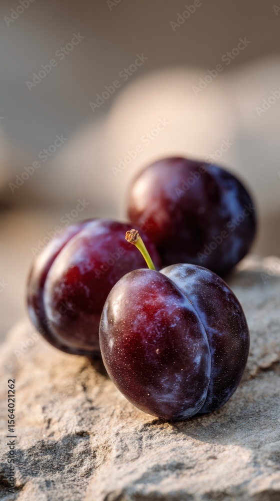 Obraz premium Three ripe plums with deep purple skin resting on natural stone in warm sunlight ideal for rustic food visuals, autumn harvest content and organic fruit branding designs