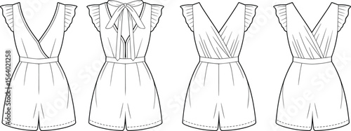 Ruffle sleeve romper flat sketches – women’s playsuit CAD with V-neck wrap front and tie-back detail fashion flats