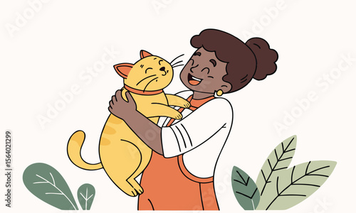 Funny cartoon girl and cat vector illustration of a bear cub with a flower.