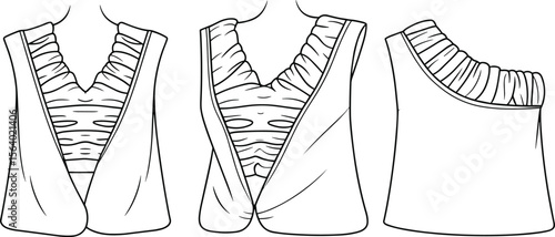 Draped sleeveless ruched top fashion flat – crossover V-neck technical illustration for womenswear vector CAD and apparel design