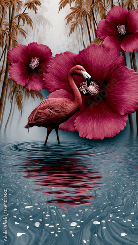A dark pink flamingo amidst large, deep red hibiscus flowers in water with concentric ripples and bamboo stalks.