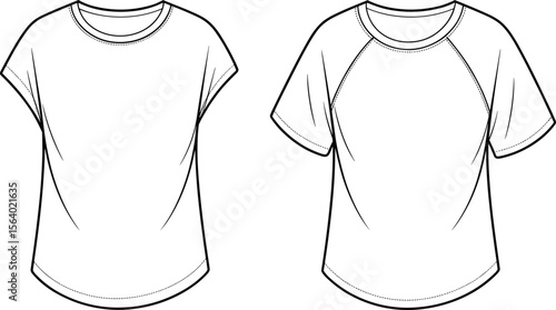 Basic t-shirt flat sketch – short sleeve crew neck technical fashion illustration with set-in and raglan sleeve variations