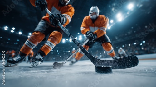 Fototapeta Naklejka Na Ścianę i Meble -  Two hockey players in orange jerseys are skating on ice, intensely focused on the puck, showcasing athleticism and teamwork in a dynamic sports environment