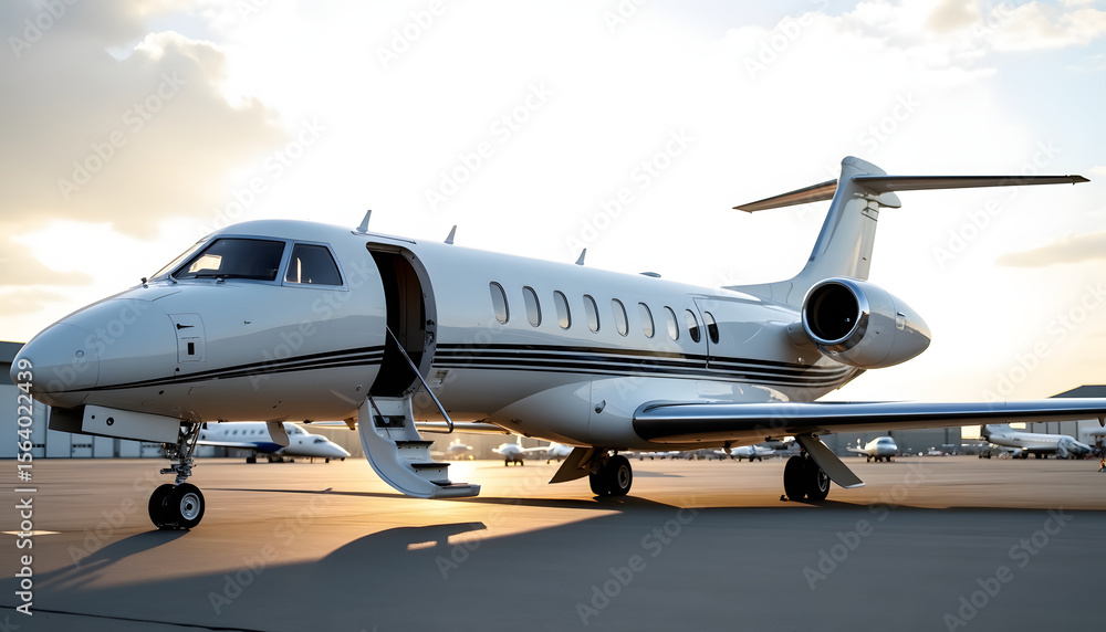 Fototapeta premium Elegant private jet at sunset, ready for takeoff, offering luxury and comfort.