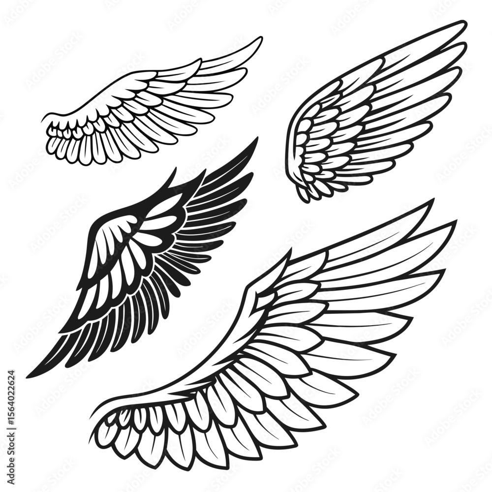 Obraz premium Set of wings icons. Wings icons. Bird wings, angel wings elements. Wing collection in different shape. Wings badges. Vector illustration 