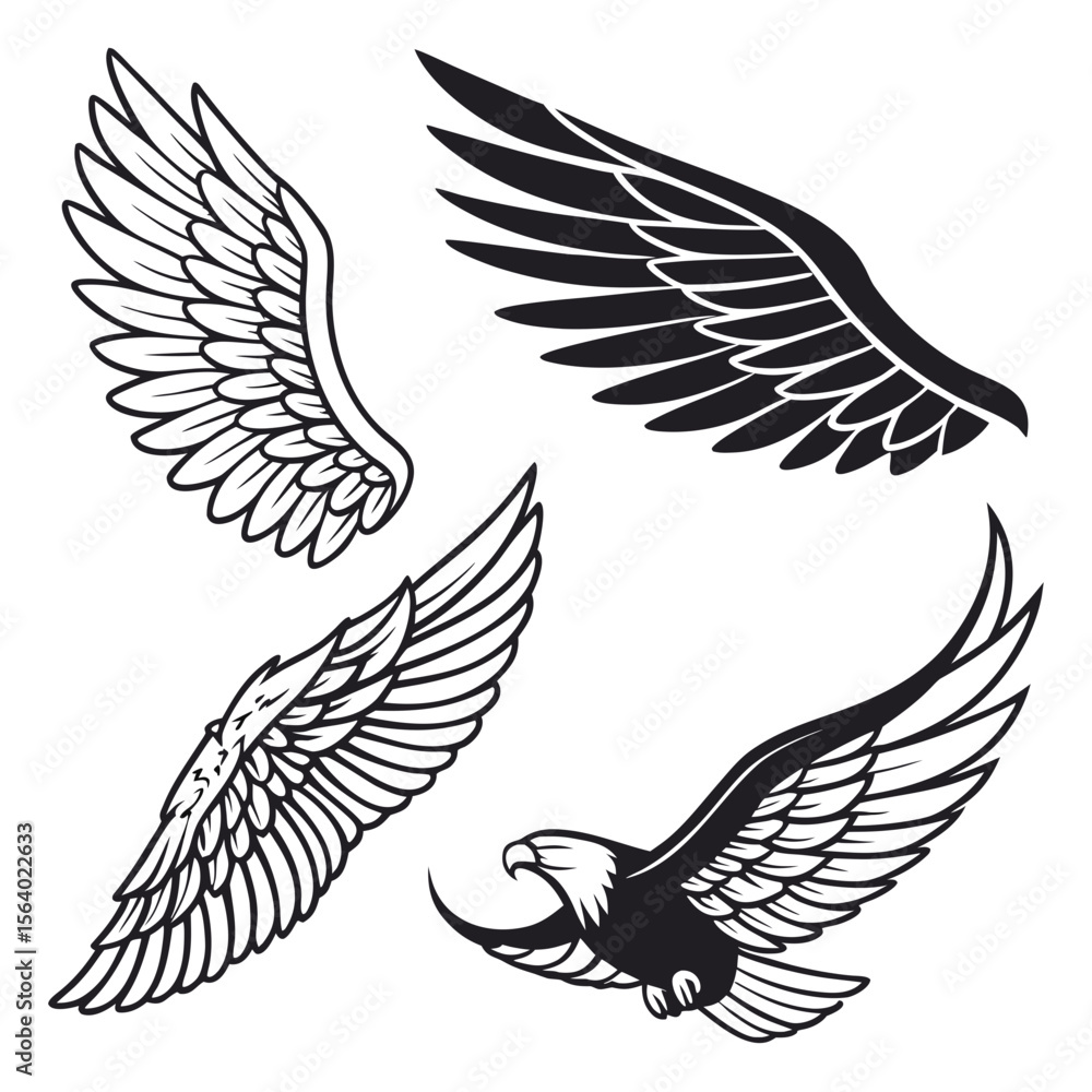 Obraz premium Set of wings icons. Wings icons. Bird wings, angel wings elements. Wing collection in different shape. Wings badges. Vector illustration 