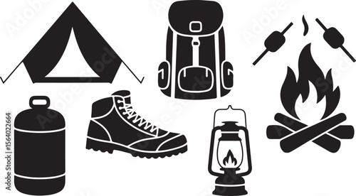 Silhouette of Camping Gear and Fire Vector Illustration