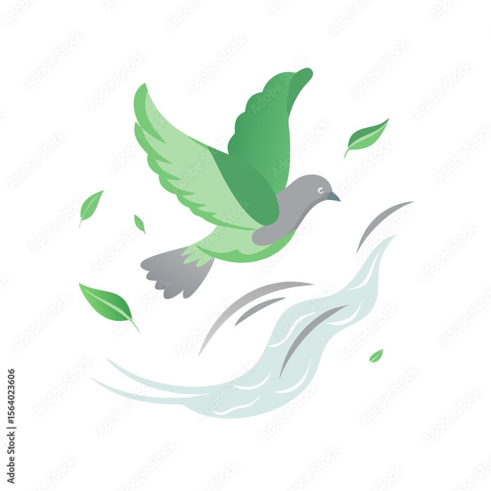 Fototapeta premium Green bird in flight illustration, vector design, nature and freedom concept, environmental awareness