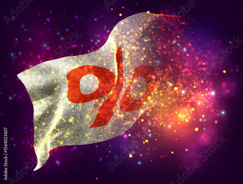 percent, sale, vector 3d flag with a splash of paint dots, explosion of colored dots