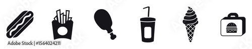 Fast food silhouette icons set solid, filled, meal and snack symbols, Fast Food - Icons vector illustration