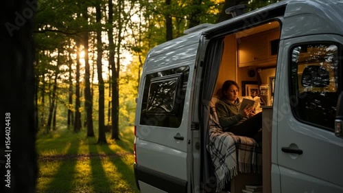 Woman reading in campervan at sunset, enjoying van life in nature, peaceful travel lifestyle