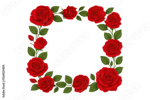 Beautiful square frame made of red roses and green leaves, perfect for romantic projects, on transparent background