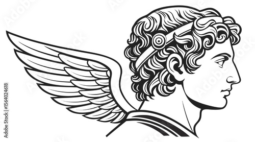 Engraved Illustration of Winged Greek Statue Head in Classical Style