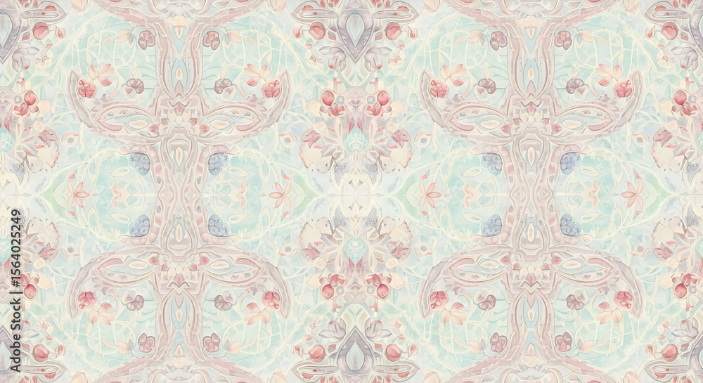 Fototapeta premium Symmetrical Pastel Kaleidoscope Pattern in Pink, Blue, and Beige