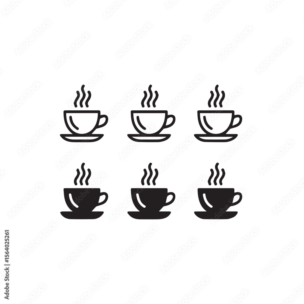 Set of six steaming coffee cup icons in black and white line art and solid silhouette styles Set of six steaming coffee cup icons in black and white line art and solid silhouette styles