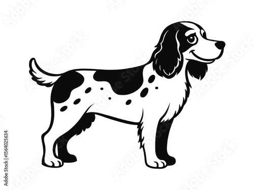 English Setter dog silhouette vector illustration, pet clipart, black and white animal shape