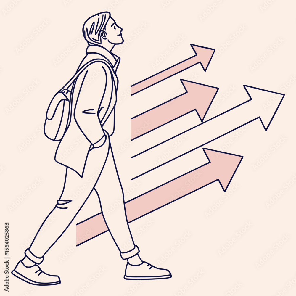 Fototapeta premium Young man walking confidently with arrows representing growth on a soft background