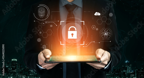 AI cyber security system using biometric authentication and privacy control. Cyber security protects identity, cybersecurity detects threats, cybersecurity ensures safety, and secures data. Vouch © InfiniteFlow