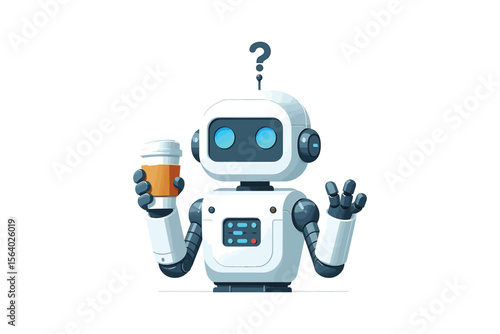 A robot with a cup of coffee, looking confused, flat vector style, white background