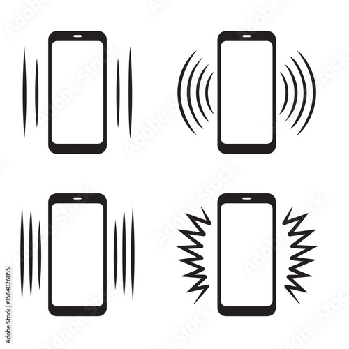 Four black and white icons of a smartphone displaying different notification or ringing signals on a white background