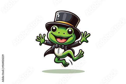 A frog wearing a top hat and dancing, flat vector art, white background