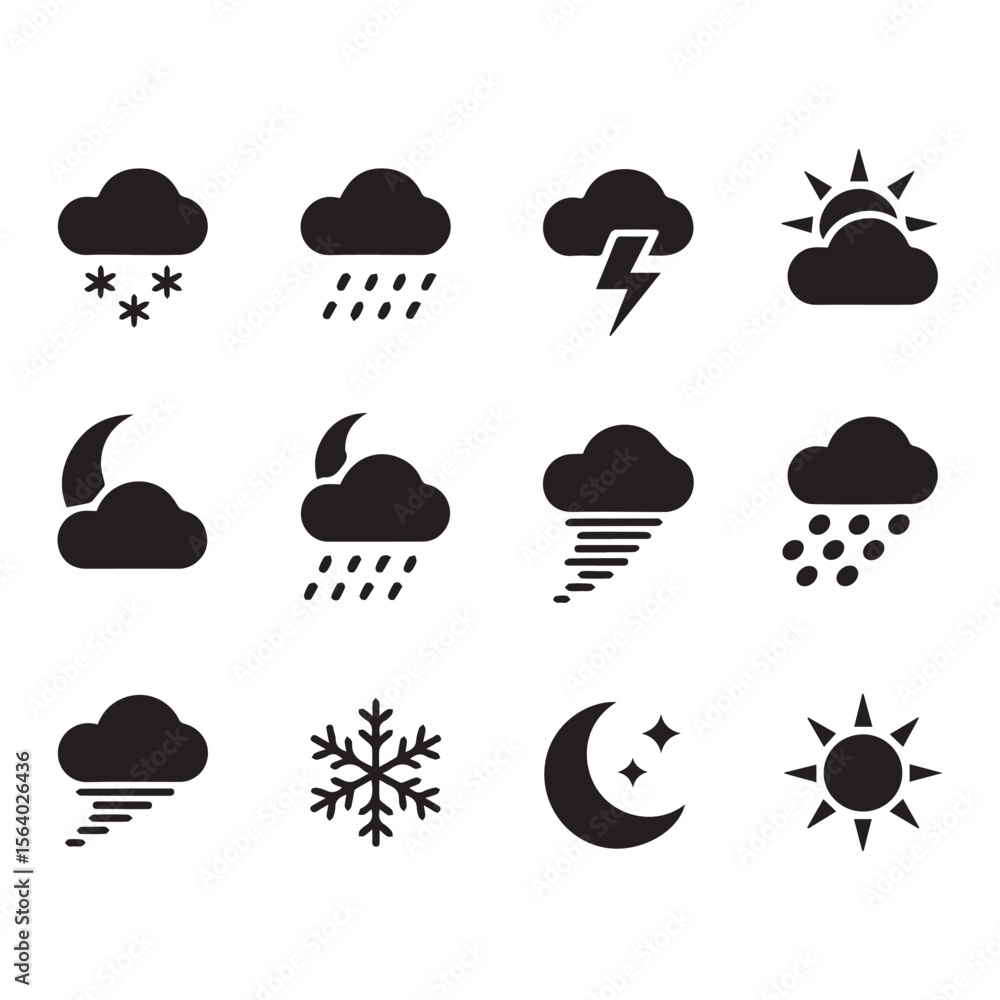 Collection of black weather icons including snow rain lightning sun moon and wind on a white background Collection of black weather icons including snow rain lightning sun moon and wind on a white background