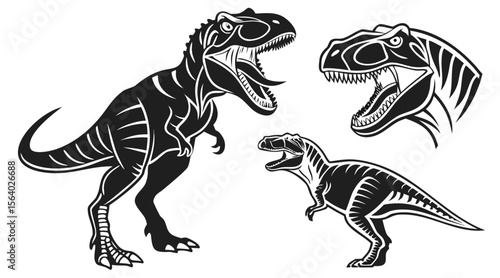 Tyrannosaurus Rex Dinosaur Silhouette Set in Black and White Vector Style