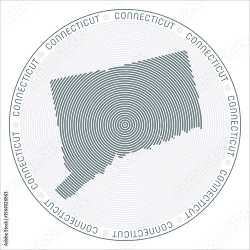 Connecticut round logo design. State shape build of rings. Connecticut text around the state. Vector Illustration.