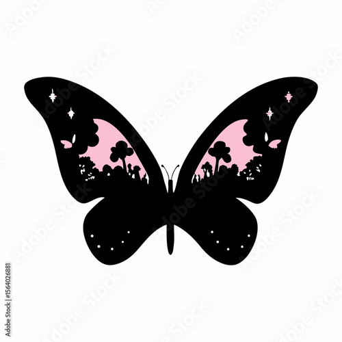 Black Butterfly with a Pink Sky and Forest Silhouette