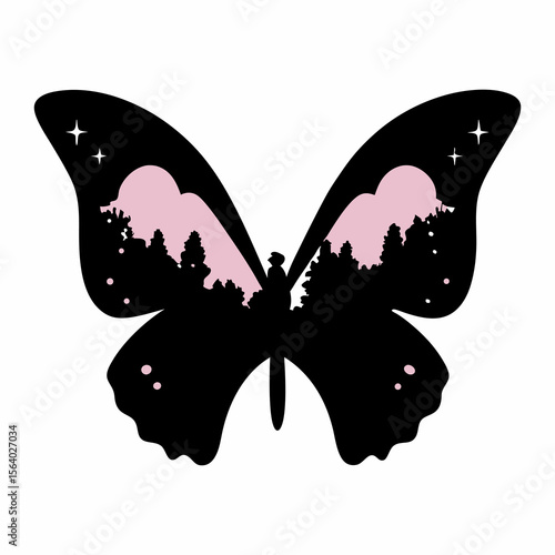 Black Butterfly with a Pink Sky and Forest Silhouette