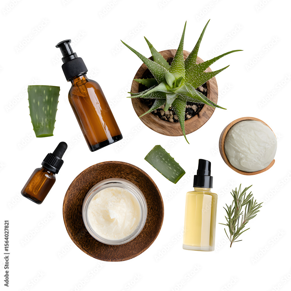Naklejka premium A flat lay of natural skincare products like aloe vera gel, essential oils, and organic moisturizers, isolated on a white background.