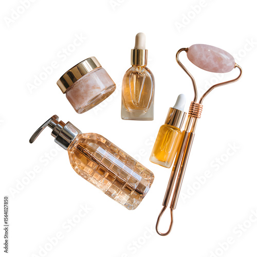 A luxurious skincare flat lay with rose quartz roller, cleansing oils, and moisturizers for radiant skin, isolated on a white background.