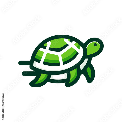 A vibrant green turtle swimming swiftly in clear water, surrounded by aquatic plants and sunlight
