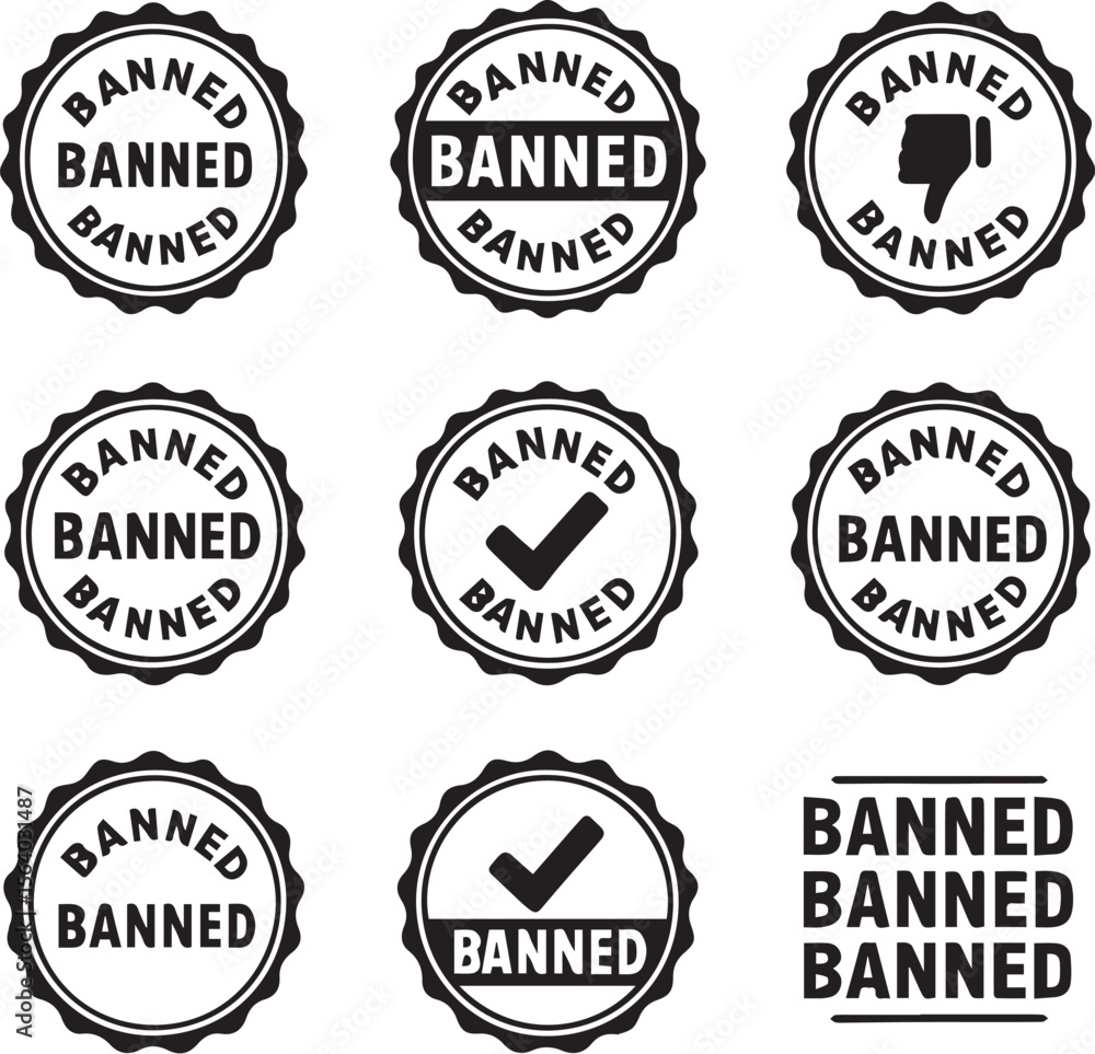 Fototapeta premium Banned Stamp Vector Icon Set – Black Grunge Retro-Style Badges Designs png transparent collection